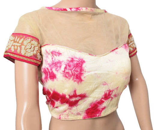 Sushila Vintage Batik Print Saree blouse Silk Cream and Magenta Designer Top 38"
