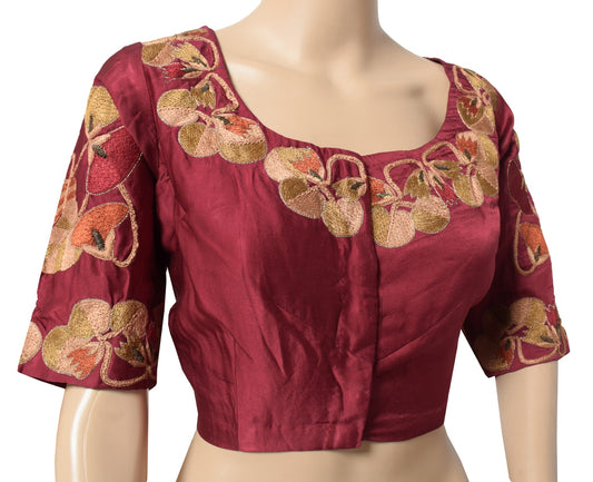 Sushila Vintage Readymade Embroidered Sari Blouse Pure Satin Maroon Choli 42"