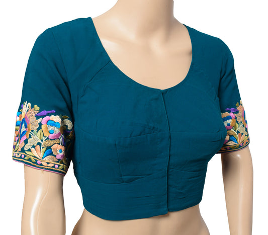 Sushila Vintage Teal Blue Stitch Sari Blouse Pure Georgette Embroidered Choli38"