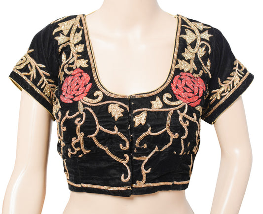 Sushila Vintage Velvet Black Sari Blouse Hand Beaded Zardozi Stitched Choli 34"