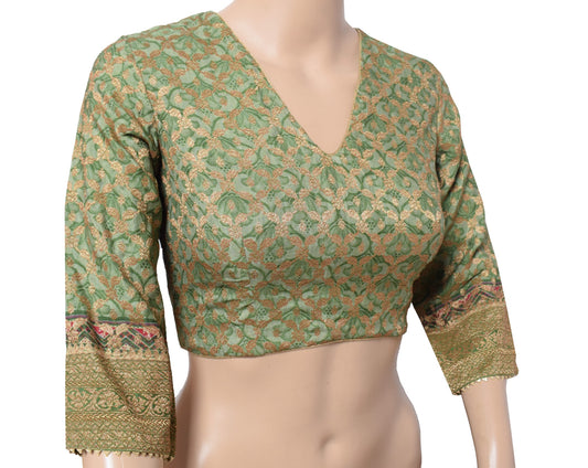 Sushila Vintage Readymade Green Sari Blouse Pure Crepe Woven Printed Choli 34"