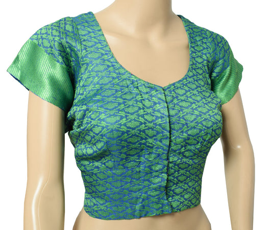 Sushila Vintage Readymade Blue Sari Blouse Pure Silk Woven Floral Choli Top 44"