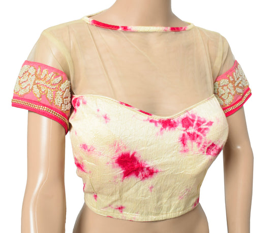 Sushila Vintage 38" Batik Print Saree Blouse Silk Cream and Magenta Designer Top