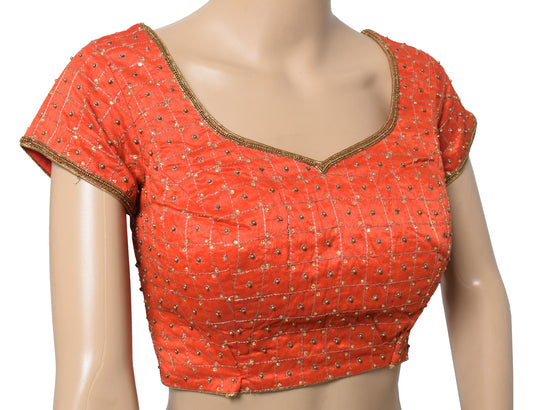 Sushila Vintage Padded Red Sari Blouse Readymade Art Silk Embroidered Choli 34"