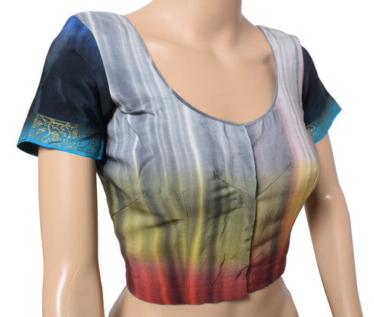 Sushila Vintage Stitched Multi-Color Sari Blouse Tie-Dye Pure Crepe Choli Top38"