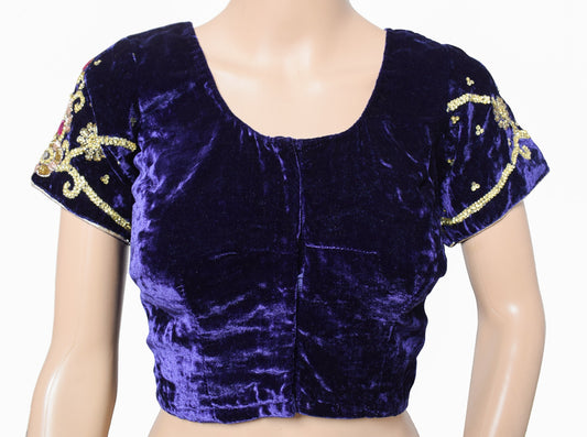 Sushila Vintage Velvet Blue Sari Blouse Beaded Stone Work Designer HEAVY Top 38"