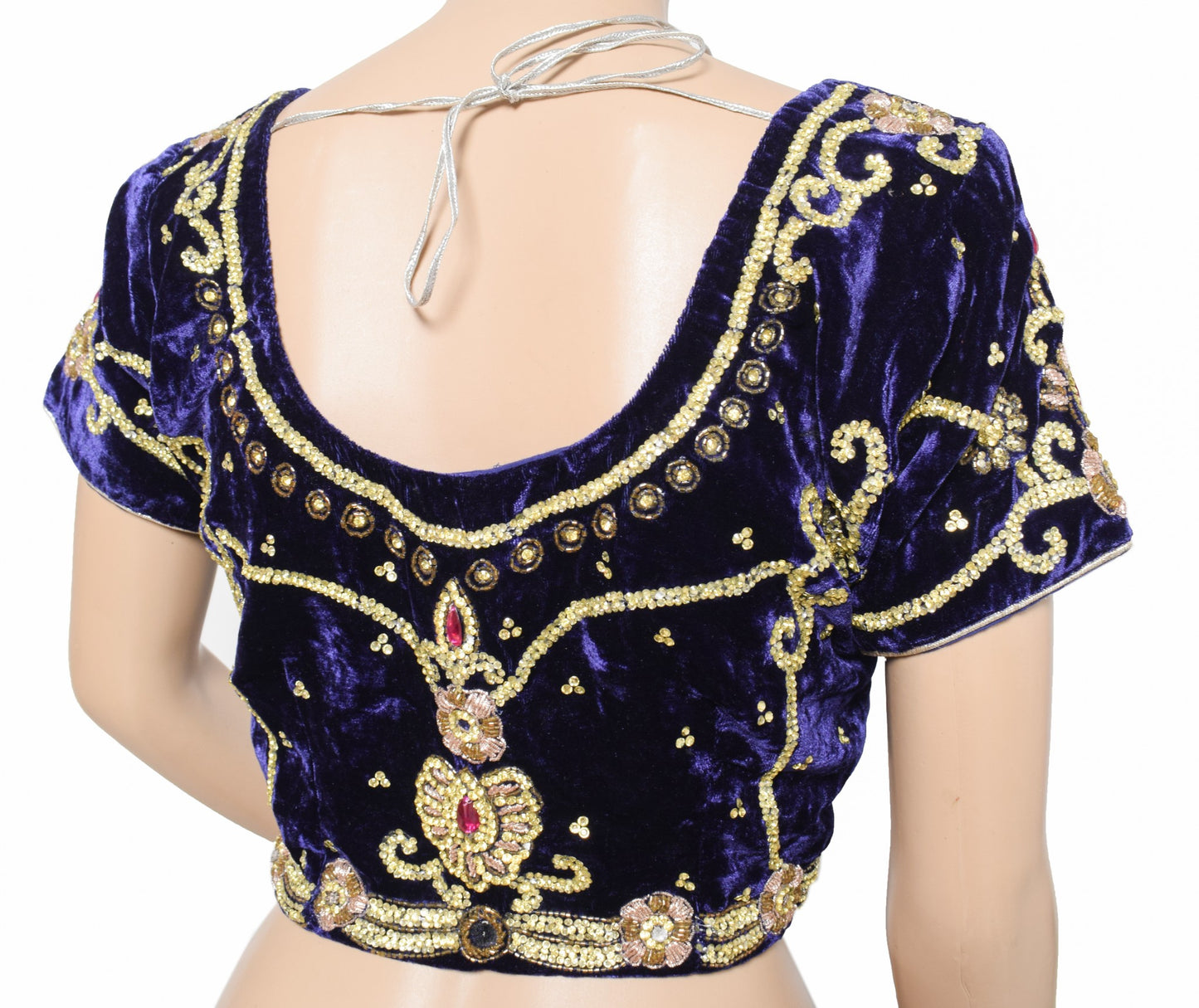 Sushila Vintage Velvet Blue Sari Blouse Beaded Stone Work Designer HEAVY Top 38"