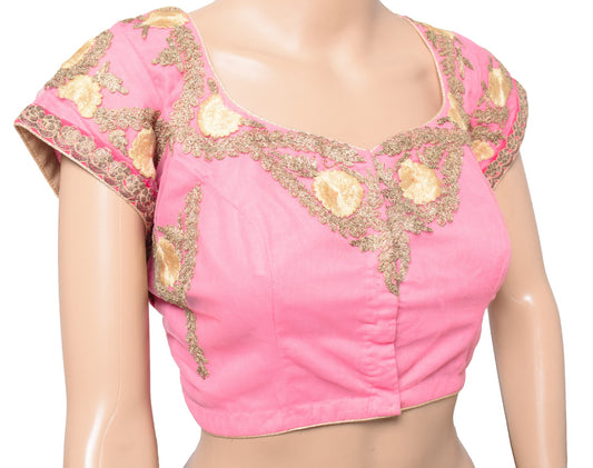 Sushila Vintage Floral Embroidered Sari Blouse Pink Net Mesh Designer Choli 38"