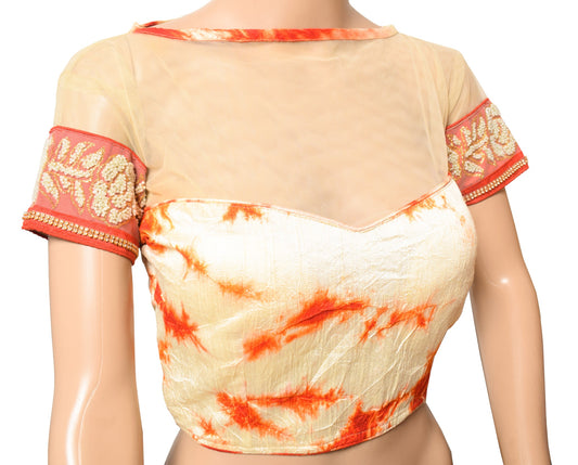 Sushila Vintage 34" Batik Print Saree Blouse Silk Cream and Orange Designer Top