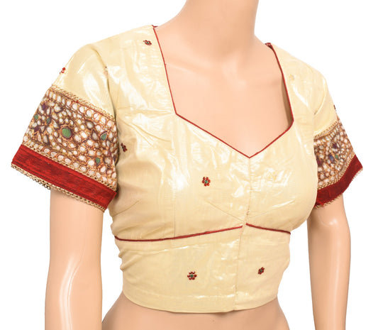 Sushila Vintage Readymade Golden Sari Blouse Beaded Net Designer Choli Top 42"