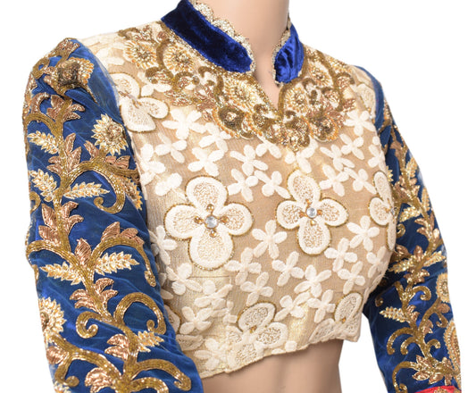 Sushila Vintage Cream Blue Sari Blouse Net Velvet Designer HEAVY Top Choli 36"