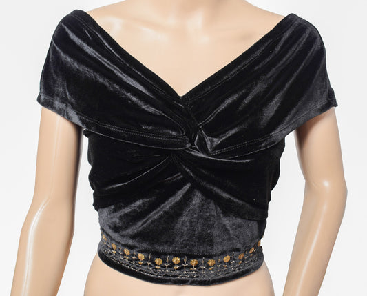 Sushila Vintage Black Off-Shoulder Fitted CropTop Designer Velvet Sari Blouse30"