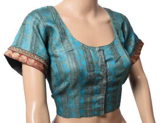 Sushila Vintage Gray Blue Stitched Sari Blouse Pure Tussar Khadi Woven Choli 40"