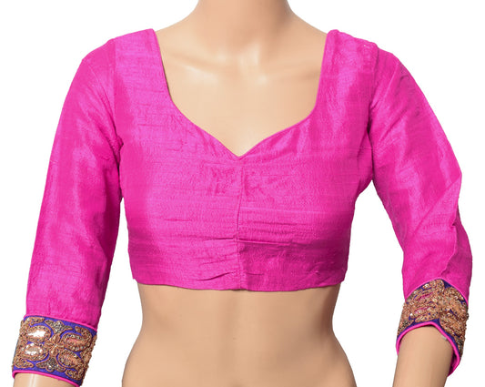 Sushila Vintage Readymade Magenta Sari Blouse Khadi Silk Woven Designer Top32"