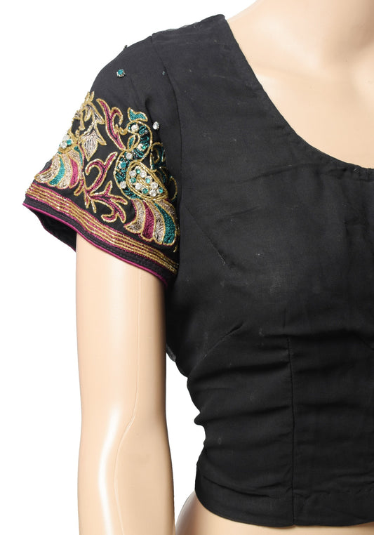 Sushila Vintage Black Stitched Sari Blouse Georgette Hand Beaded Floral Top 44"