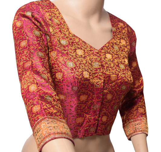 Sushila Vintage Banarasi Sari Blouse Magenta Woven Brocade Satin Silk Choli 32"