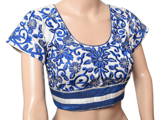 Sushila Vintage Designer Silver Blue Sari Blouse Embroidered Art Silk Choli 34"