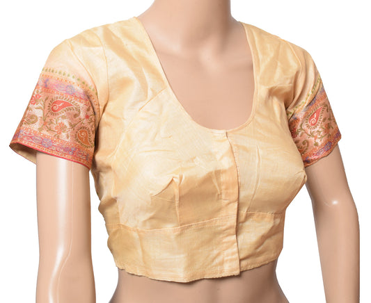 Sushila Vintage Readymade Beige Sari Blouse Tussar Silk Woven Designer Choli36"