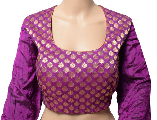 Sushila Vintage Purple Padded Sari Blouse Art Cotton Silk Brocade Stitch Top 44"