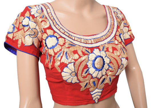 Sushila Vintage Readymade Red Saree Blouse Gold Blue Floral Embroidered Top 34"