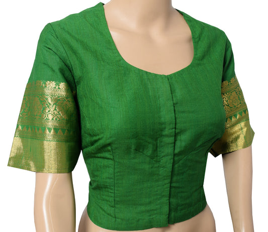 Sushila Vintage Readymade Green Sari Blouse Zari Woven Art Cotton Choli Top 42"