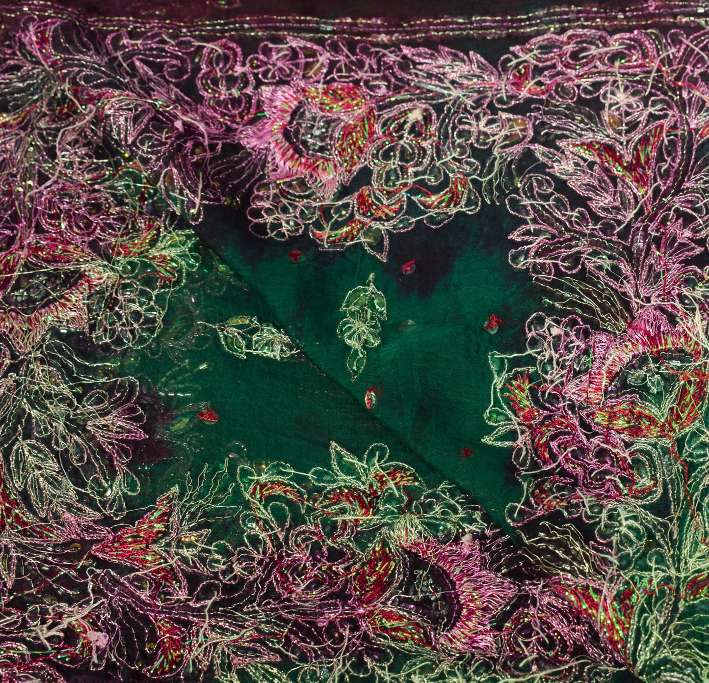 Sushila Vintage Hand Beaded Dupatta Blue Pure Chiffon Tie-Dye Green Long Stole