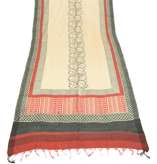 Sushila Vintage Hand Block Printed Dupatta Cream Pure Woolen Shawl Long Stole