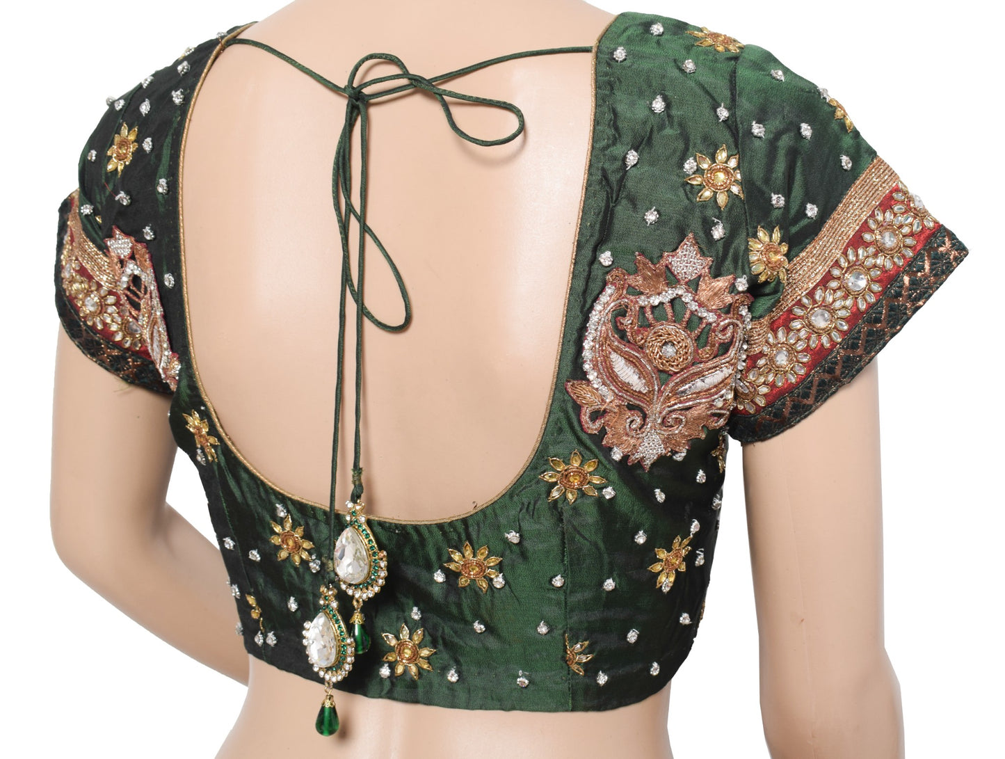 Sushila Vintage Dark Green Stitch Sari Blouse Pure Silk Bridal Handwork Choli36"