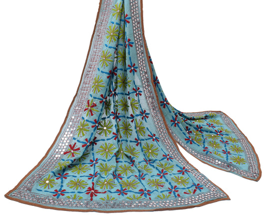 Sushila Vintage Blue Dupatta Pure Georgette Silk Phulkari Embroidered Long Stole