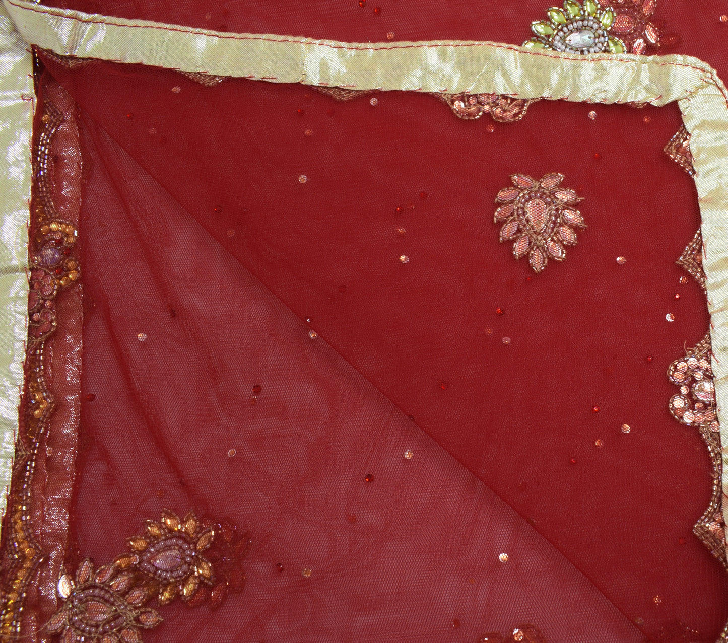 Sushila Vintage Maroon Dupatta Net Mesh Hand Beaded Floral Long Stole Wrap Veil