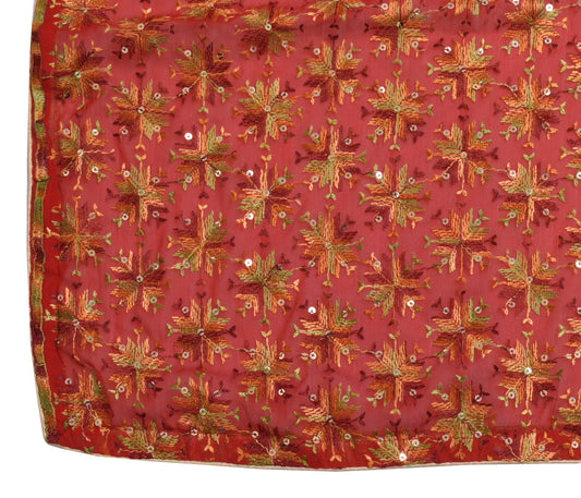 Sushila Vintage Red Dupatta Blend Chiffon Silk Phulkari Embroidered Long Stole