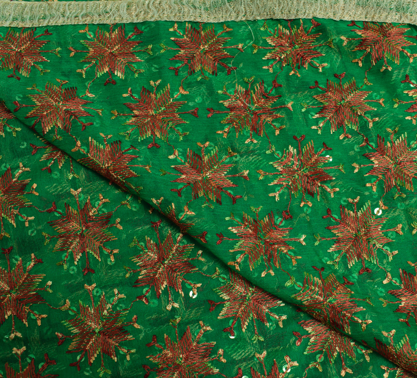 Sushila Vintage Green Dupatta Blend Chiffon Silk Phulkari Embroidery Long Stole