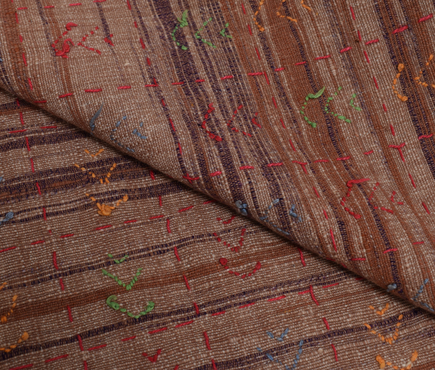 Sushila Vintage Brown Dupatta 100% Pure Khadi Hand Embroidererd Long Stole Wrap