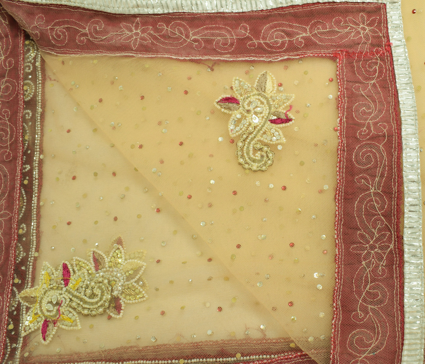 Sushila Vintage Beige Bridal Dupatta Net Mesh Hand Beaded Floral Long Stole Wrap
