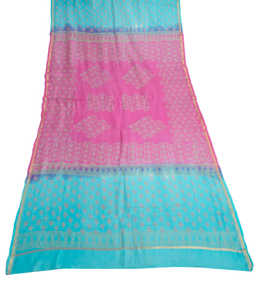 Sushila Vintage Blue & Pink Dupatta 100% Pure Cotton Floral Printed Long Stole
