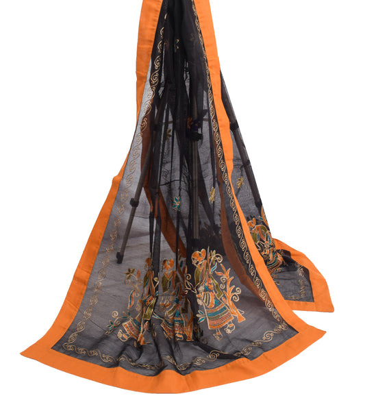 Sushila Vintage Black Indian Supernet Dupatta Humans Embroidered Long Stole Veil
