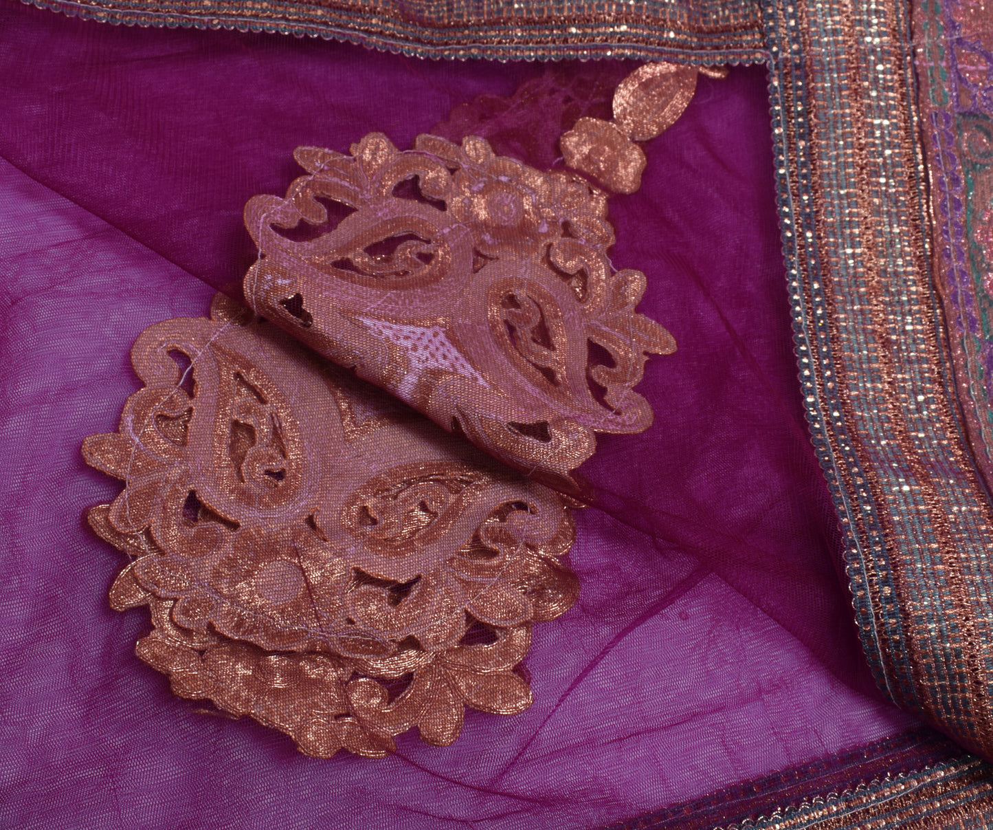 Sushila Vintage Purple Dupatta Net Mesh Applique Work Floral Long Stole Scarves