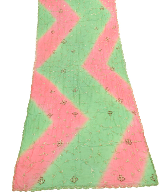 Sushila Vintage Green & Pink Dupatta Chiffon Silk Embroidered Floral Long Stole