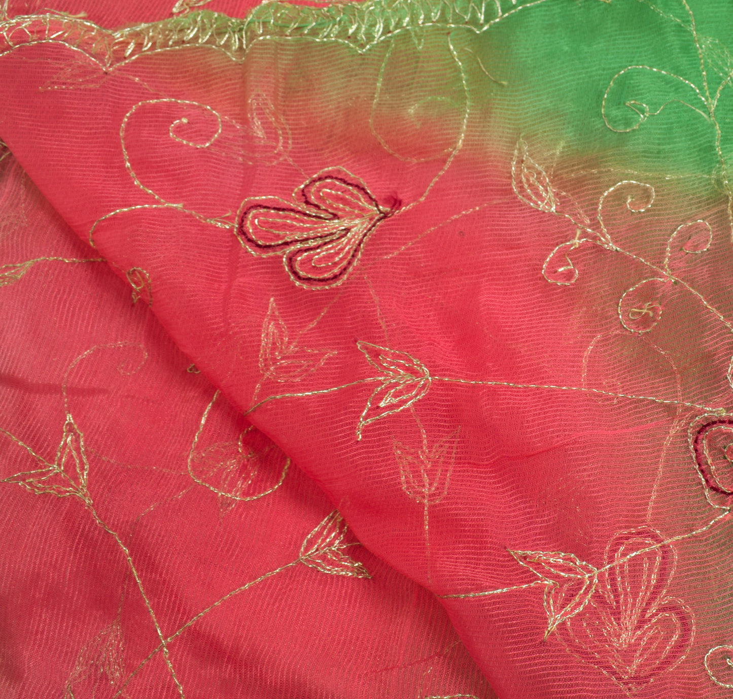 Sushila Vintage Green & Pink Dupatta Chiffon Silk Embroidered Floral Long Stole
