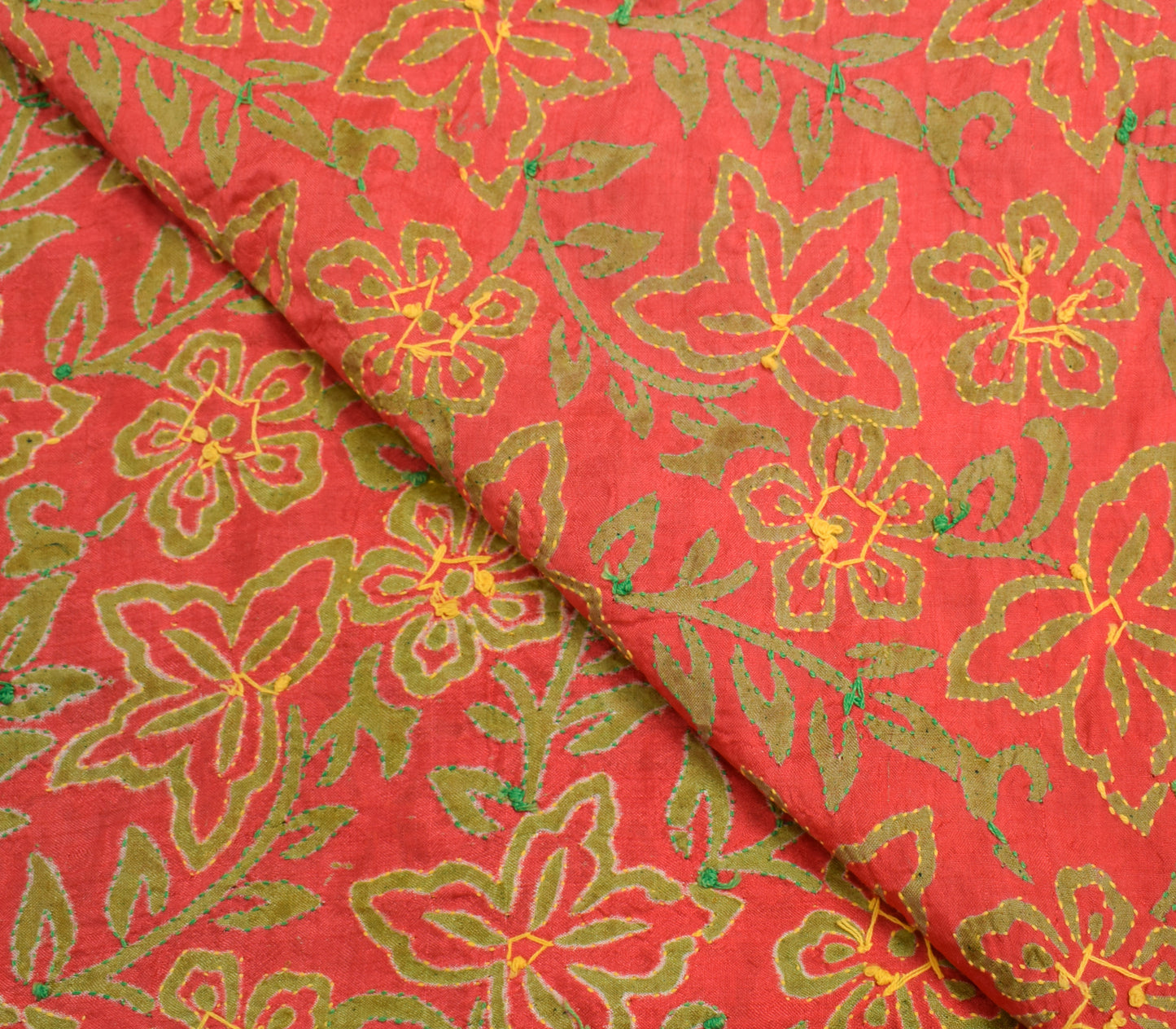 Sushila Vintage Red Dupatta Blend Silk Hand Embroidered Kantha Floral Long Stole