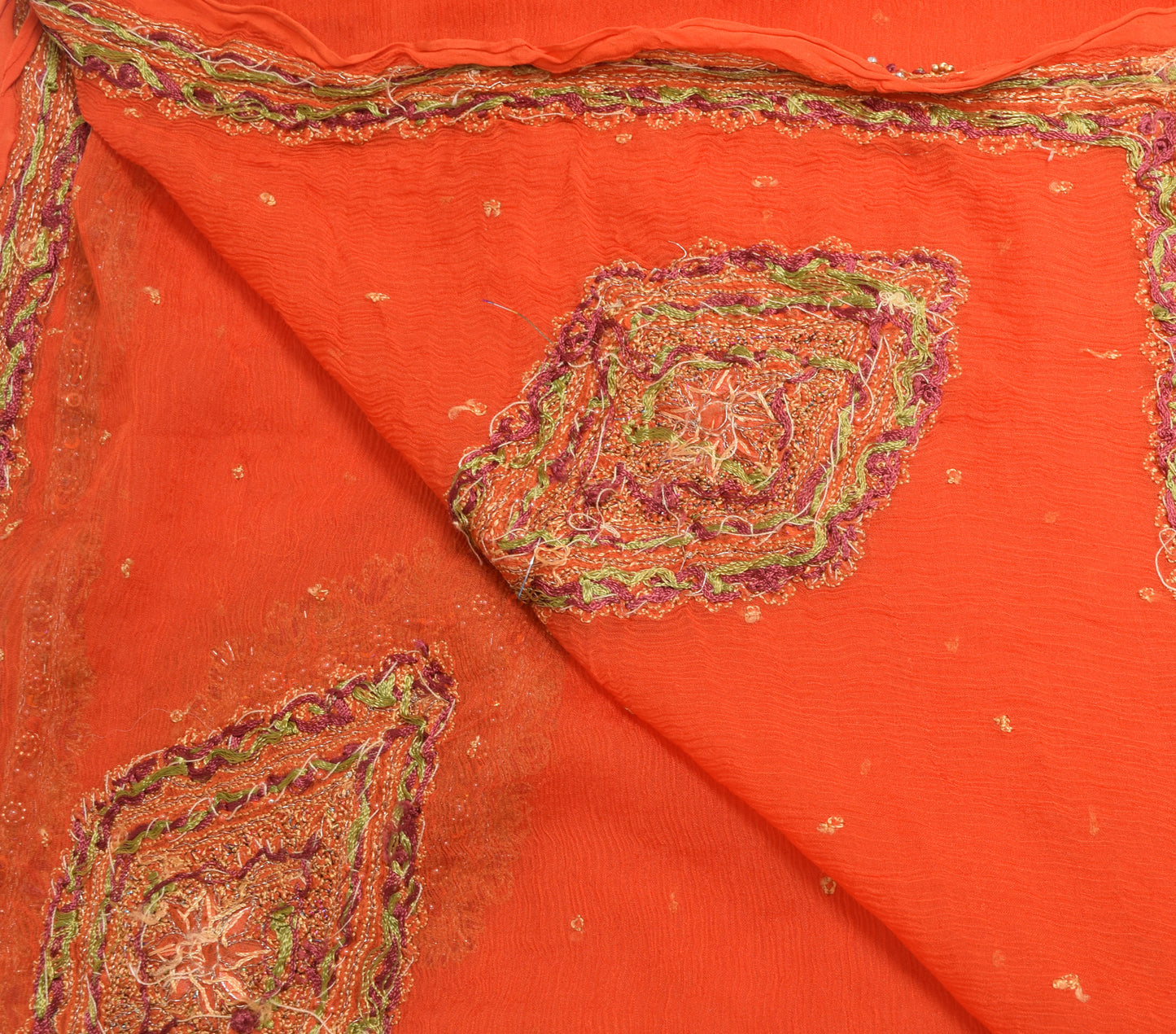 Sushila Vintage Orange 100% Pure Chiffon Silk Dupatta Embroidered Long Stole