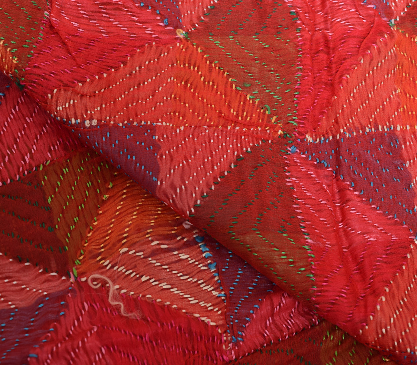 Sushila Vintage Red Chiffon Dupatta Phulkari Embroidered Geometrical Long Stole