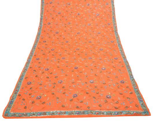 Sushila Vintage Orange Heavy Dupatta Georgette Hand Beaded Floral Long Stole