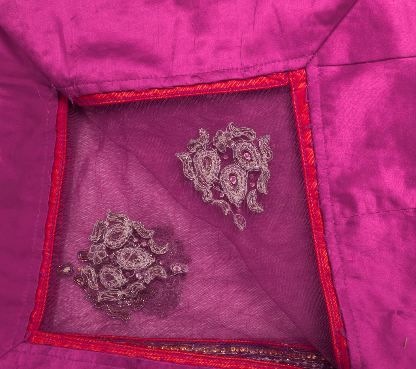 Sushila Vintage Magenta Net Mesh Heavy Dupatta Hand Beaded Floral Long Stole