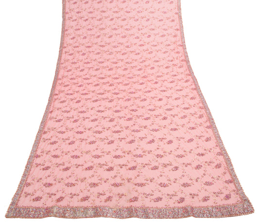 Sushila Vintage Pink Floral Heavy Dupatta Net Mesh Hand Beaded Long Stole Wrap