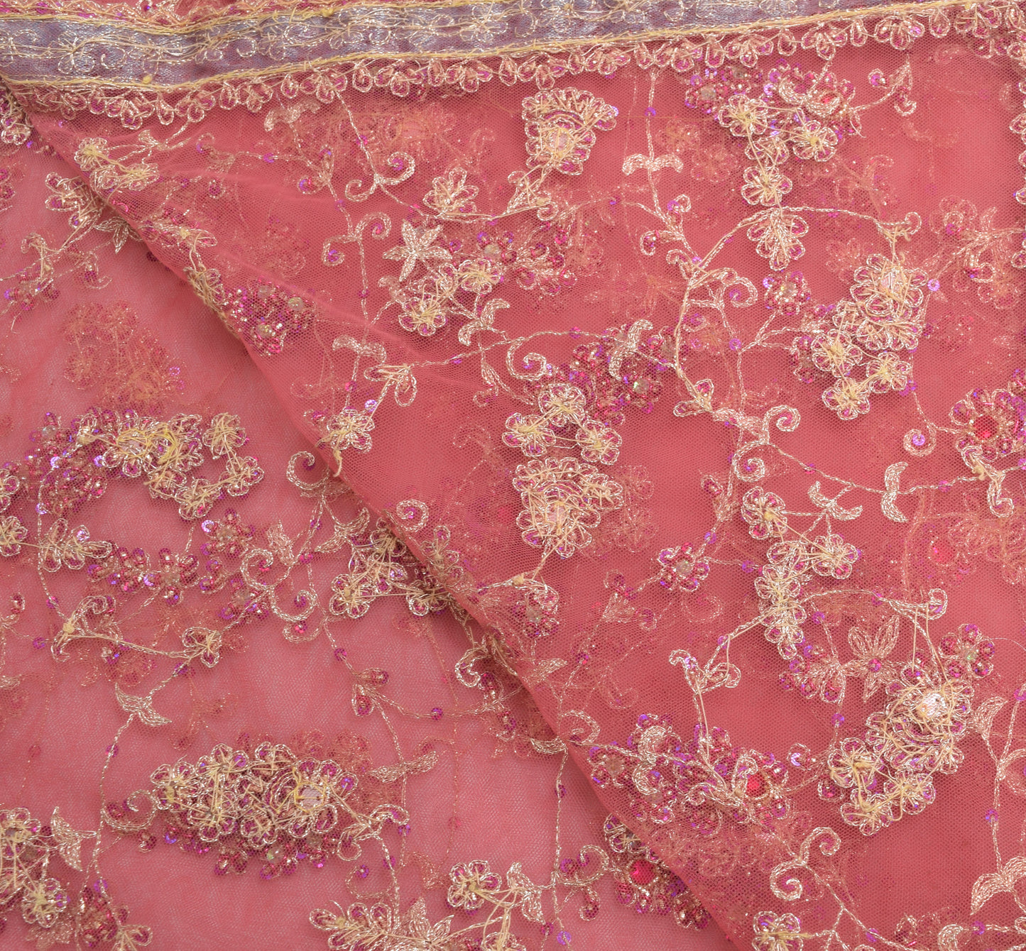 Sushila Vintage Pink Floral Heavy Dupatta Net Mesh Hand Beaded Long Stole Wrap