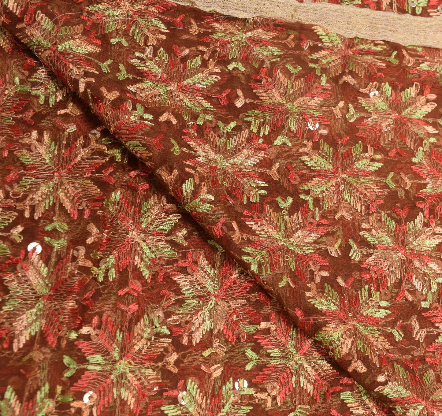 Sushila Vintage Brown Chiffon Silk Dupatta Phulkari Embroidered Long Stole Veil