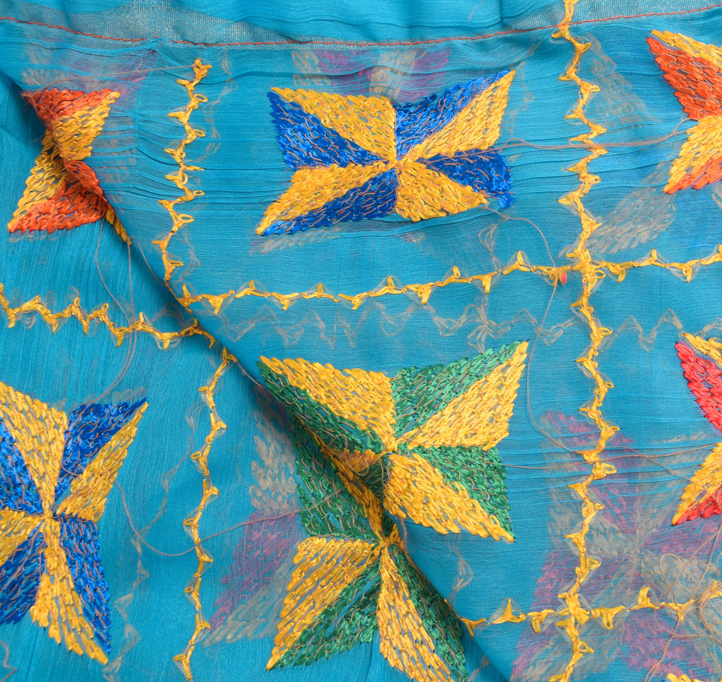 Sushila Vintage Turquoise Blue Chiffon Dupatta Phulkari Embroidered Long Stole