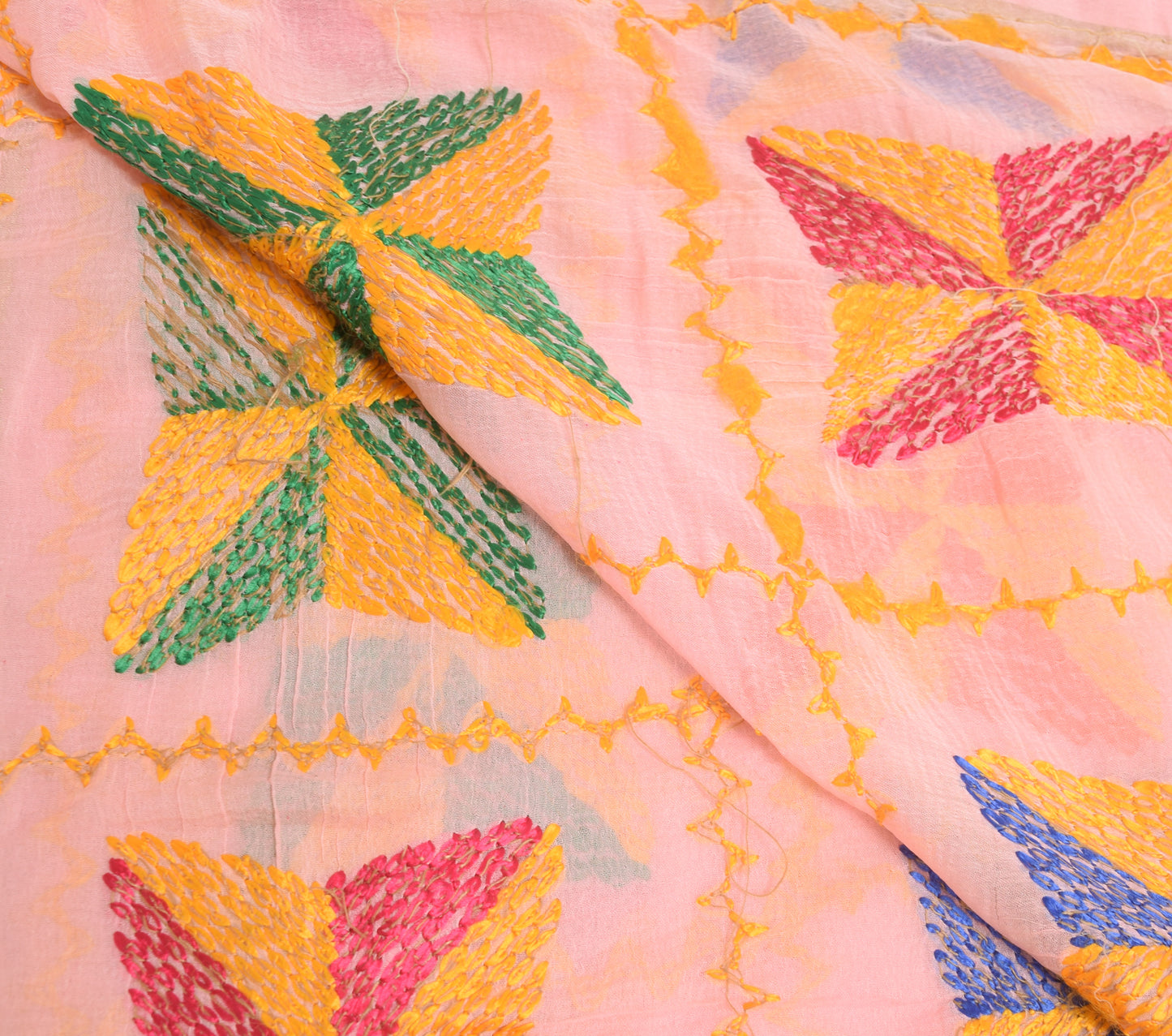 Sushila Vintage BabyPink Chiffon Dupatta Phulkari Embroidered Floral Long Stole