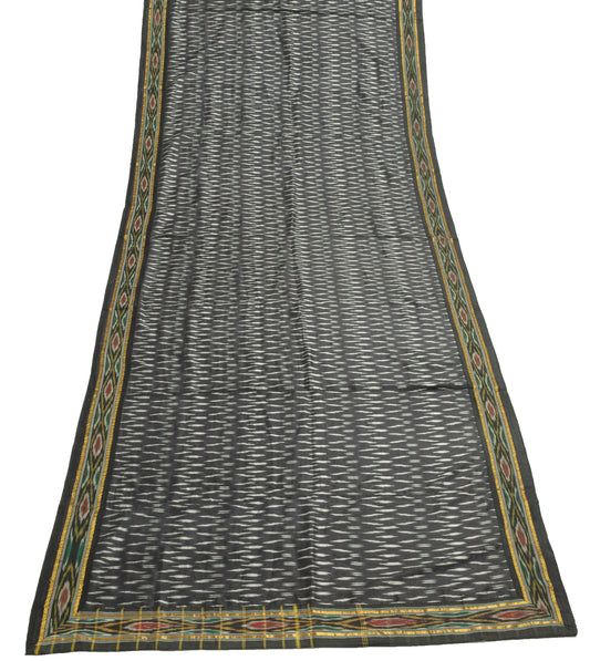 Sushila Vintage Black Hand Woven Ikkat Patola Dupatta 100% Pure Silk Long Stole